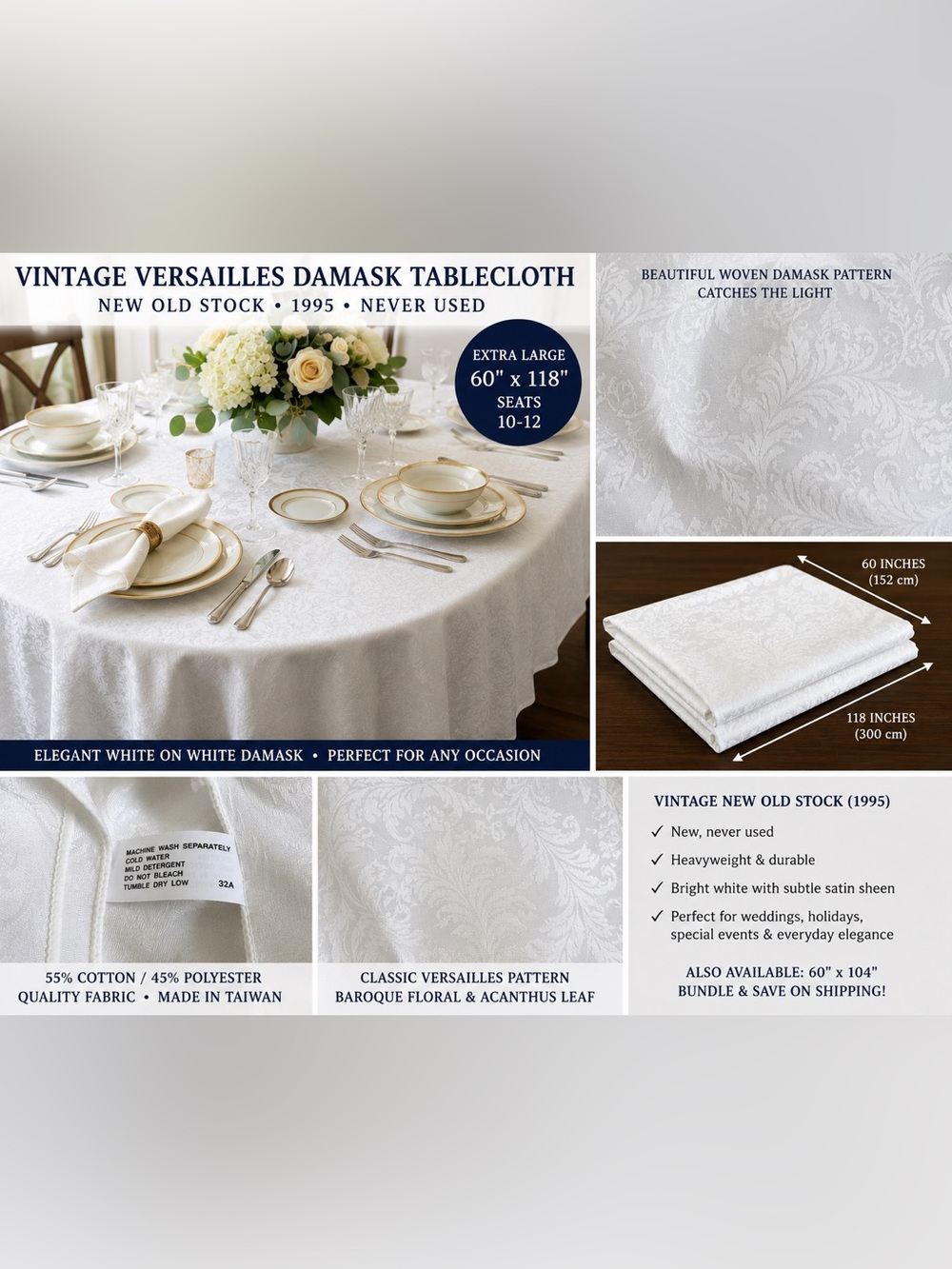 Vintage Versailles Damask White Tablecloth 60x118 New Old Stock Banquet Size